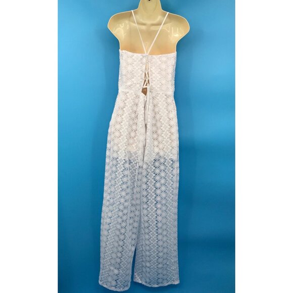 Guess Elle Lace Open Tie Back Jumpsuit White Large NEW - Picture 7 of 11